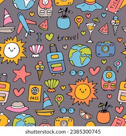 Patrón sin fisuras dibujado a mano con iconos de viaje. Vacaciones de verano. Doodle, boceto. Viajar, vacaciones, relajación. Ilustración del vector