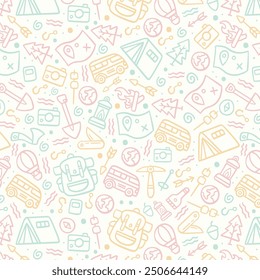 Handgezeichnete nahtlose Muster von Reise Sommerurlaub Elemente, Gepäck, Karte, Koffer, Seestern. Skizzenstil mit Doodle. Mit einem digitalen Stift gezeichnetes Reiselement. Illustration für Tapete, Hintergrund