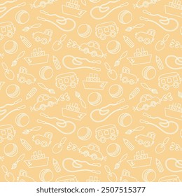 Hand drawn seamless pattern of travel summer vacation elements, luggage, map, suitcase, sea star. Doodle sketch style. Travel element drawn by digital pen. Illustration for wallpaper, background