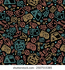 Hand drawn seamless pattern of travel summer vacation elements, luggage, map, suitcase, sea star. Doodle sketch style. Travel element drawn by digital pen. Illustration for wallpaper, background