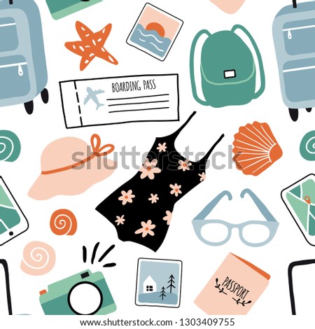 Hand drawn seamless pattern with travel objects: suitcase, bag, camera, hat and other stuff. Travel texture, vacation, adventure, journey. Tourism and summer doodle Illustration
