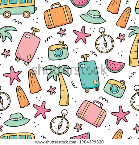 Hand drawn seamless pattern of travel summer vacation elements, luggage, map, suitcase, sea star. Doodle sketch style. Travel element drawn by digital pen. Illustration for wallpaper, background