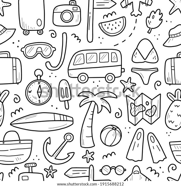 Hand drawn seamless pattern of travel summer\
vacation elements, luggage, map, suitcase, sea star. Doodle sketch\
style. Travel element drawn by digital pen. Illustration for\
wallpaper, background