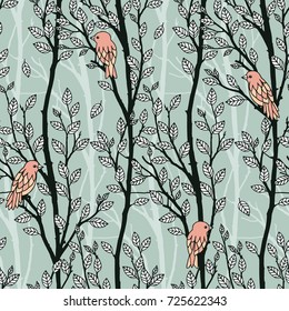 Hand drawn seamless pattern of tree branches with leaves and birds