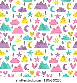 Hand drawn seamless pattern with trees, stars, hearts, clouds and mountains. Cute forest. Creative scandinavian woodland background. Stylish sketch for kids. Vector illustration