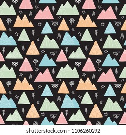 Hand drawn seamless pattern with trees, stars and mountains. Creative scandinavian woodland background. Stylish sketch. Forest. Vector illustration