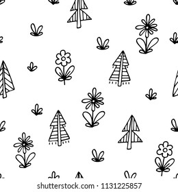 Hand drawn seamless pattern with trees and flowers.
