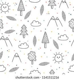Hand drawn seamless pattern with trees and mountains. Creative ethnic scandinavian woodland background. Abstract geometric art print. Vector illustration