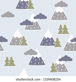 Hand drawn seamless pattern with trees, clouds and mountains. Creative scandinavian woodland background. Stylish sketch for kids.Textile, blog decoration, banner, poster, wrapping paper.