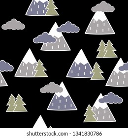 Hand drawn seamless pattern with trees, clouds and mountains. Creative scandinavian woodland background. Stylish sketch for kids.Textile, blog decoration, banner, poster, wrapping paper.