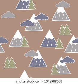 Hand drawn seamless pattern with trees, clouds and mountains. Creative scandinavian woodland background. Stylish sketch for kids.Textile, blog decoration, banner, poster, wrapping paper.