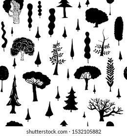 Hand drawn seamless pattern of trees on a white background. Set of vector plants isolated. Black silhouettes and contours of botanical elements for design of clothes, paper, backgrounds and wallpapers