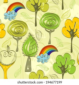 hand drawn seamless pattern with trees and rainbow