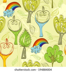hand drawn seamless pattern with trees and rainbow
