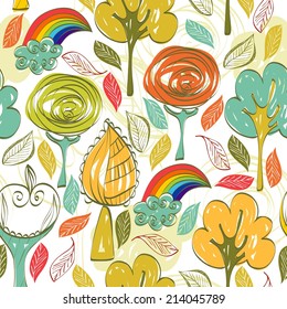 hand drawn seamless pattern with trees and rainbow