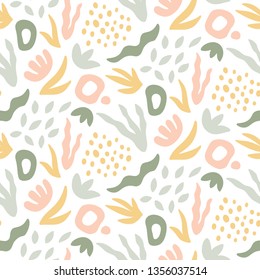 Hand drawn seamless pattern. Trendy print with water plants and shapes. Vector design template.