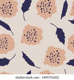 Hand drawn seamless pattern. Trendy wallpaper with different floral elements in beige and blue colour. Abstract strokes and specks. Modern textile, branding and packaging,wrapping paper.