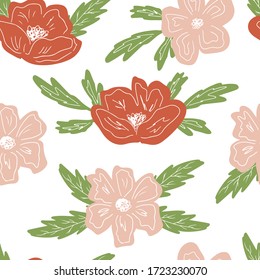 Handgezeichnet nahtloses Muster. Trendfarbene Tapete mit verschiedenen Blumenelementen in beigen und grünen Farben. Modernes Textil-, Branding- und Verpackungspapier.