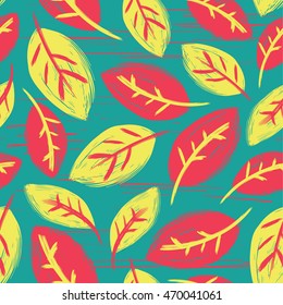 Hand drawn seamless pattern. Trendy color palette grunge textured monochrome vector illustration. Brush made abstract background. Hipster texture with autumn leaves. Fall.