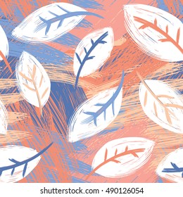 Hand drawn seamless pattern. Trendy pastel color palette grunge textured vector illustration. Brush made abstract background. Hipster texture with autumn leaves. Fall.
