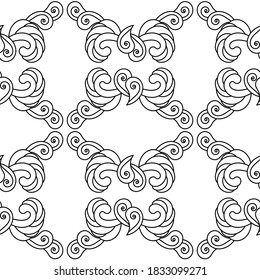Hand drawn seamless pattern with tribal ornament. Petals, Paisley, and other elements. Black and white ornate grid