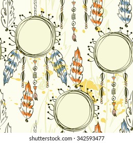 hand drawn seamless pattern tribal amulet with feathers