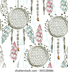 hand drawn seamless pattern tribal amulet with feathers