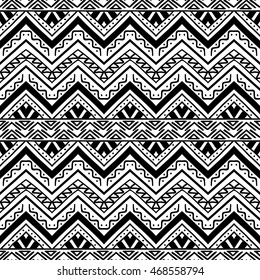 Hand drawn seamless pattern with tribal aztec motives. Black and white.