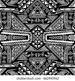 Hand drawn seamless pattern with tribal aztec motives. Black and white abstract wallpaper in boho style.