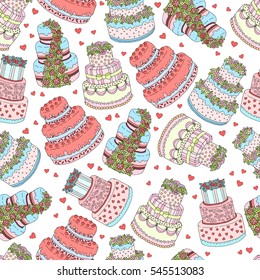 Hand drawn seamless pattern with triple birthday cakes. Vector illustration. Packing for a gift, template for greeting cards, banners, congratulations, advertising.