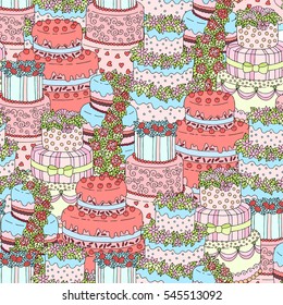 Hand drawn seamless pattern with triple birthday cakes. Vector illustration. Packing for a gift, template for greeting cards, banners, congratulations, advertising.