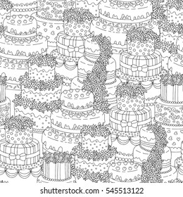 Hand drawn seamless pattern with triple birthday cakes. Vector illustration. Packing for a gift, template for greeting cards, banners, congratulations, advertising.
