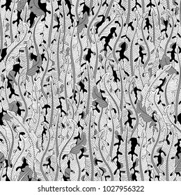 Hand drawn seamless pattern with tropical banana leaves. Hand drawn jungle texture. Ornate vector background for print, interior, wallpaper, fabrics