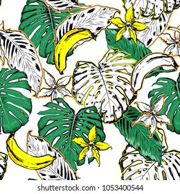 Hand drawn seamless pattern with tropical outline and palm leaves on white background. Black and white mix with fresh orange colorful line forest Vector sketch.