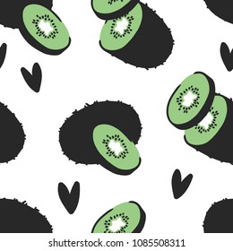 Hand drawn seamless pattern with  tropical fruit. Vector artistic drawing food. Summer illustration kiwi