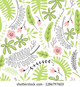 Hand drawn seamless pattern with tropical leaves and flowers. Perfect for kids fabric, textile, nursery wallpaper.