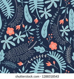 Hand drawn seamless pattern with tropical leaves and flowers. Perfect for kids fabric, textile, nursery wallpaper.
