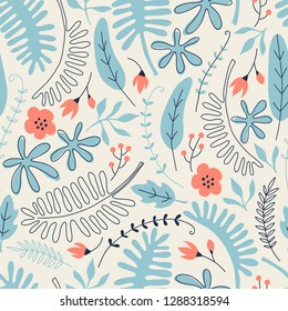 Hand drawn seamless pattern with tropical leaves and flowers. Perfect for kids fabric, textile, nursery wallpaper.