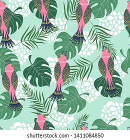 Hand drawn seamless pattern with tropical pink birds, flowers and leaves on blue background. Vector flat illustration