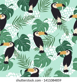 Hand drawn seamless pattern with tropical birds and leaves on blue background. Vector flat illustration of toucan .