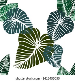 Hand drawn seamless pattern with tropical leaves: palms, monstera, passion fruit. Beautiful allover print with hand drawn exotic plants. Swimwear botanical design. Vector for anypurposes