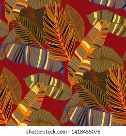 Hand drawn seamless pattern with tropical leaves: palms, monstera, passion fruit. Beautiful allover print with hand drawn exotic plants. Swimwear botanical design. Vector for anypurposes
