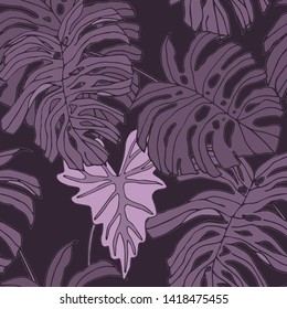 Hand drawn seamless pattern with tropical leaves: palms, monstera, passion fruit. Beautiful allover print with hand drawn exotic plants. Swimwear botanical design. Vector for anypurposes