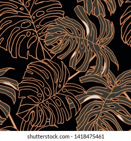 Hand drawn seamless pattern with tropical leaves: palms, monstera, passion fruit. Beautiful allover print with hand drawn exotic plants. Swimwear botanical design. Vector for anypurposes