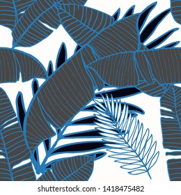 Hand drawn seamless pattern with tropical leaves: palms, monstera, passion fruit. Beautiful allover print with hand drawn exotic plants. Swimwear botanical design. Vector for anypurposes