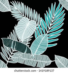 Hand drawn seamless pattern with tropical leaves: palms, monstera, passion fruit. Beautiful allover print with hand drawn exotic plants. Swimwear botanical design. Vector for anypurposes