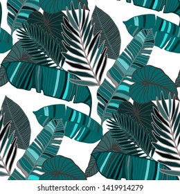 Hand drawn seamless pattern with tropical leaves: palms, monstera, passion fruit. Beautiful allover print with hand drawn exotic plants. Swimwear botanical design. Vector for any purposes