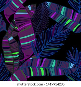 Hand drawn seamless pattern with tropical leaves: palms, monstera, passion fruit. Beautiful allover print with hand drawn exotic plants. Swimwear botanical design. Vector for any purposes