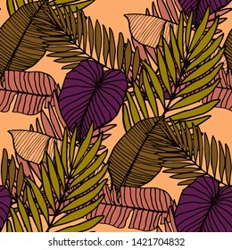 Hand drawn seamless pattern with tropical leaves: palms, monstera, passion fruit. Beautiful allover print with hand drawn exotic plants. Swimwear botanical design. Vector for any purposes