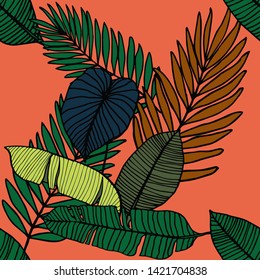 Hand drawn seamless pattern with tropical leaves: palms, monstera, passion fruit. Beautiful allover print with hand drawn exotic plants. Swimwear botanical design. Vector for any purposes
